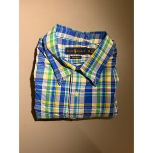 Ralph Lauren Performance Mens 2XB Blue Green Plaid Short Sleeve BTN Down Shirt